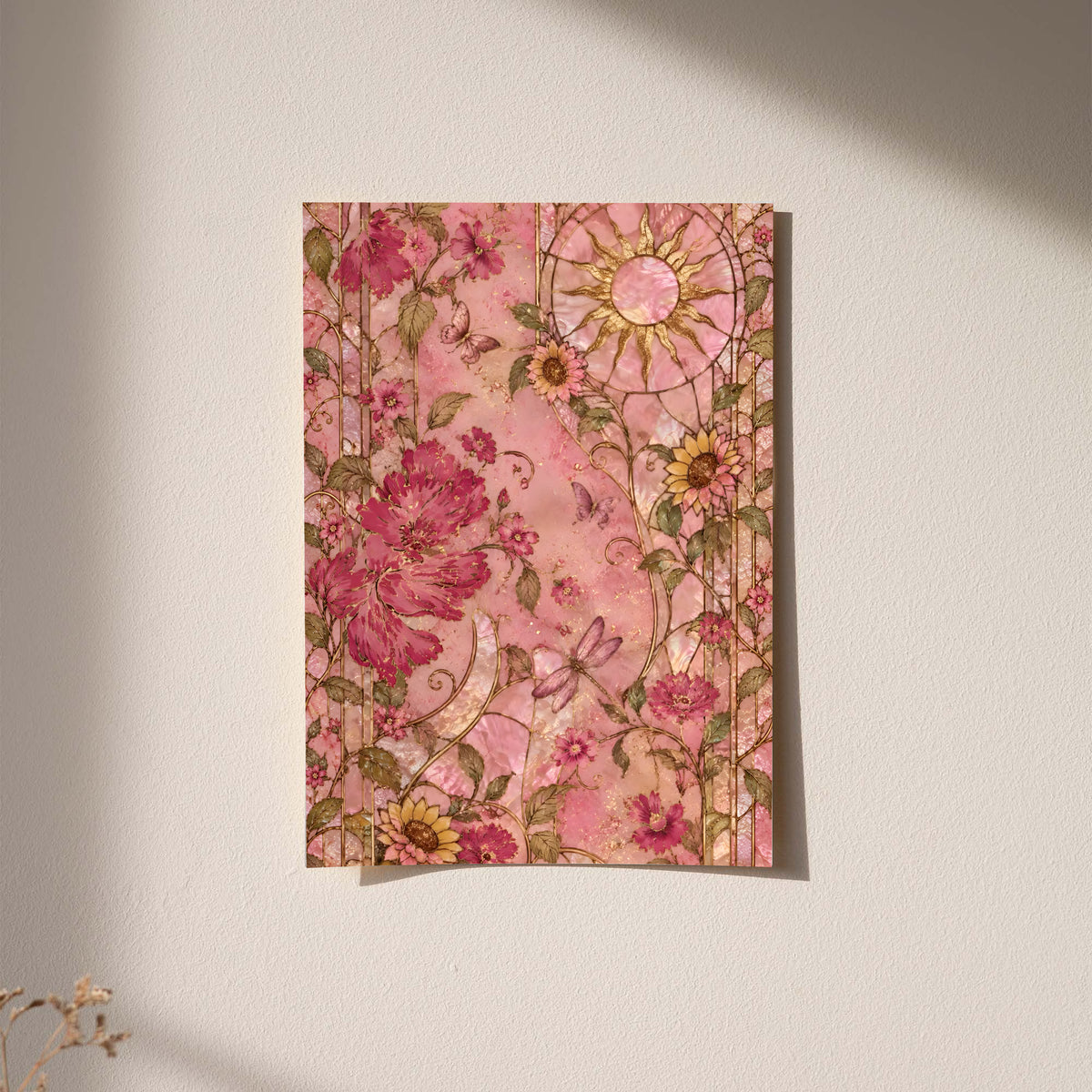 Framed pink floral wall art with leafy vines and a golden circular medallion pattern
