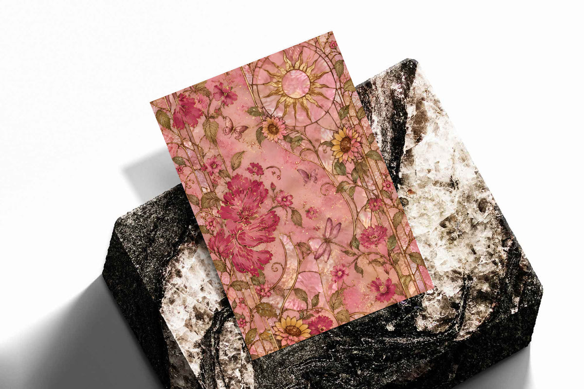 Framed pink floral wall art print on black textured backing, diagonal angle