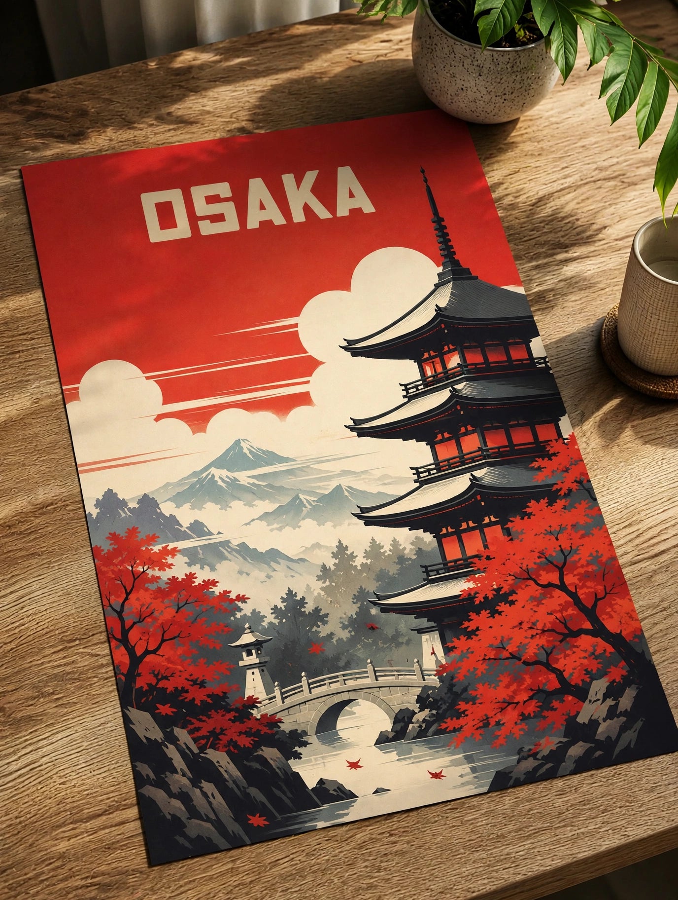 Osaka city art print with red sky, pagoda, Mount Fuji, and autumn trees