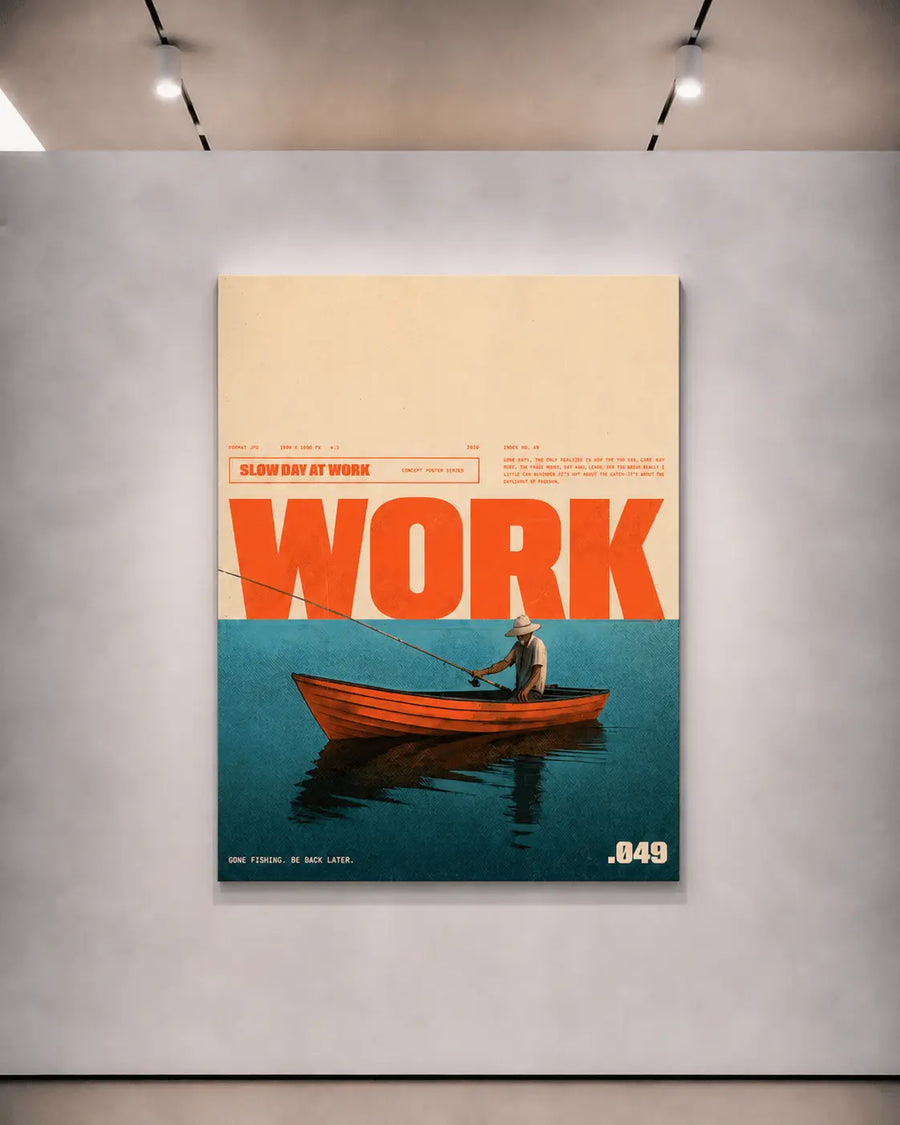 alt
Impresión tipográfica enmarcada: WORK en negrita sobre escena de barco en verde azulado, bloque de título naranja