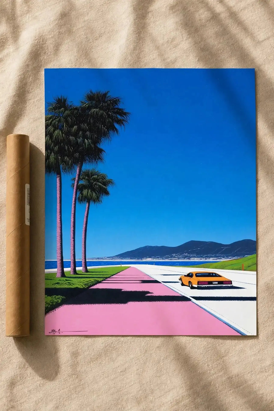 Square art print: palm trees, pink road, blue sky, yellow car by coastal mountains