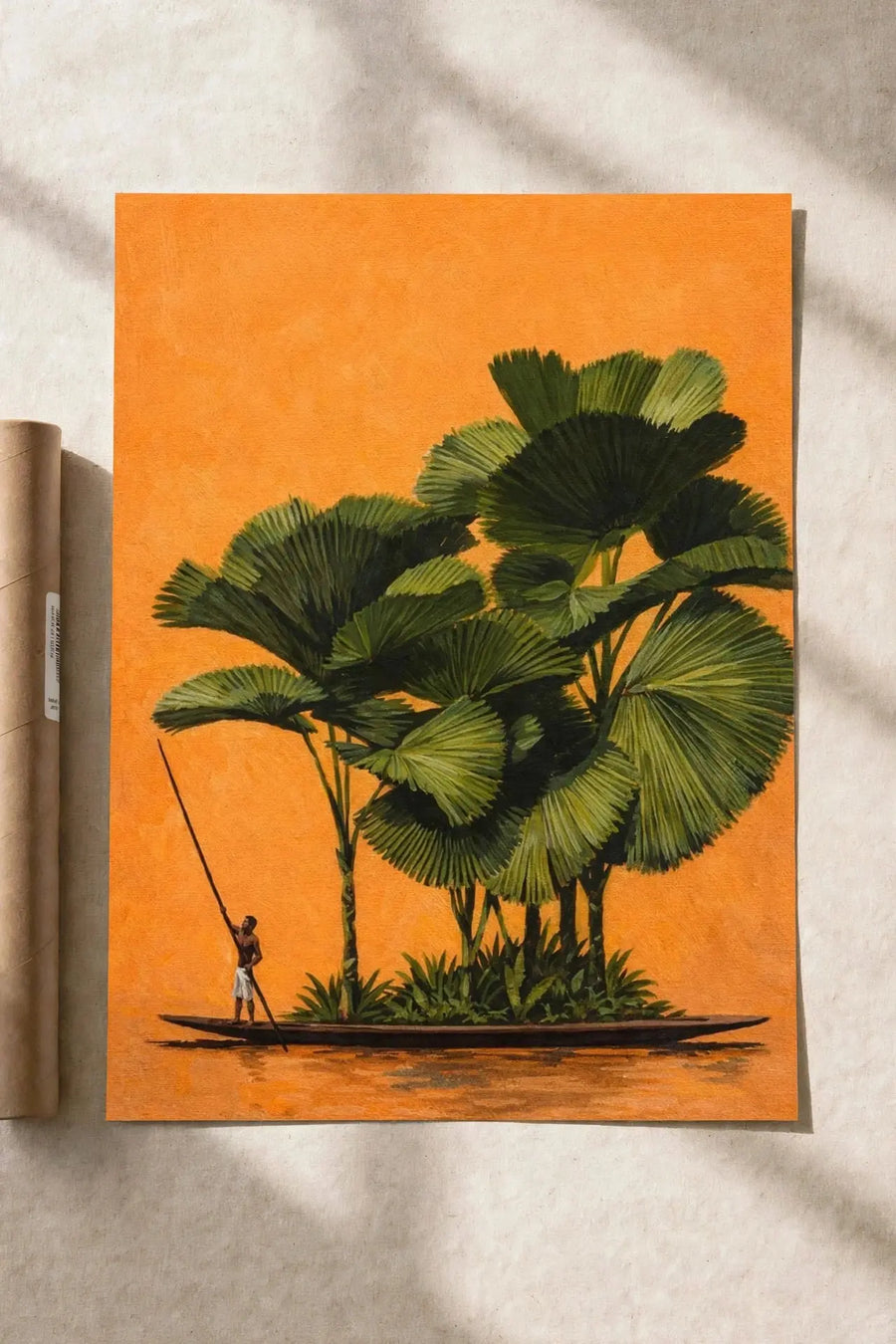 Palm tree wall art print on orange background with green fronds and warm sky tones
