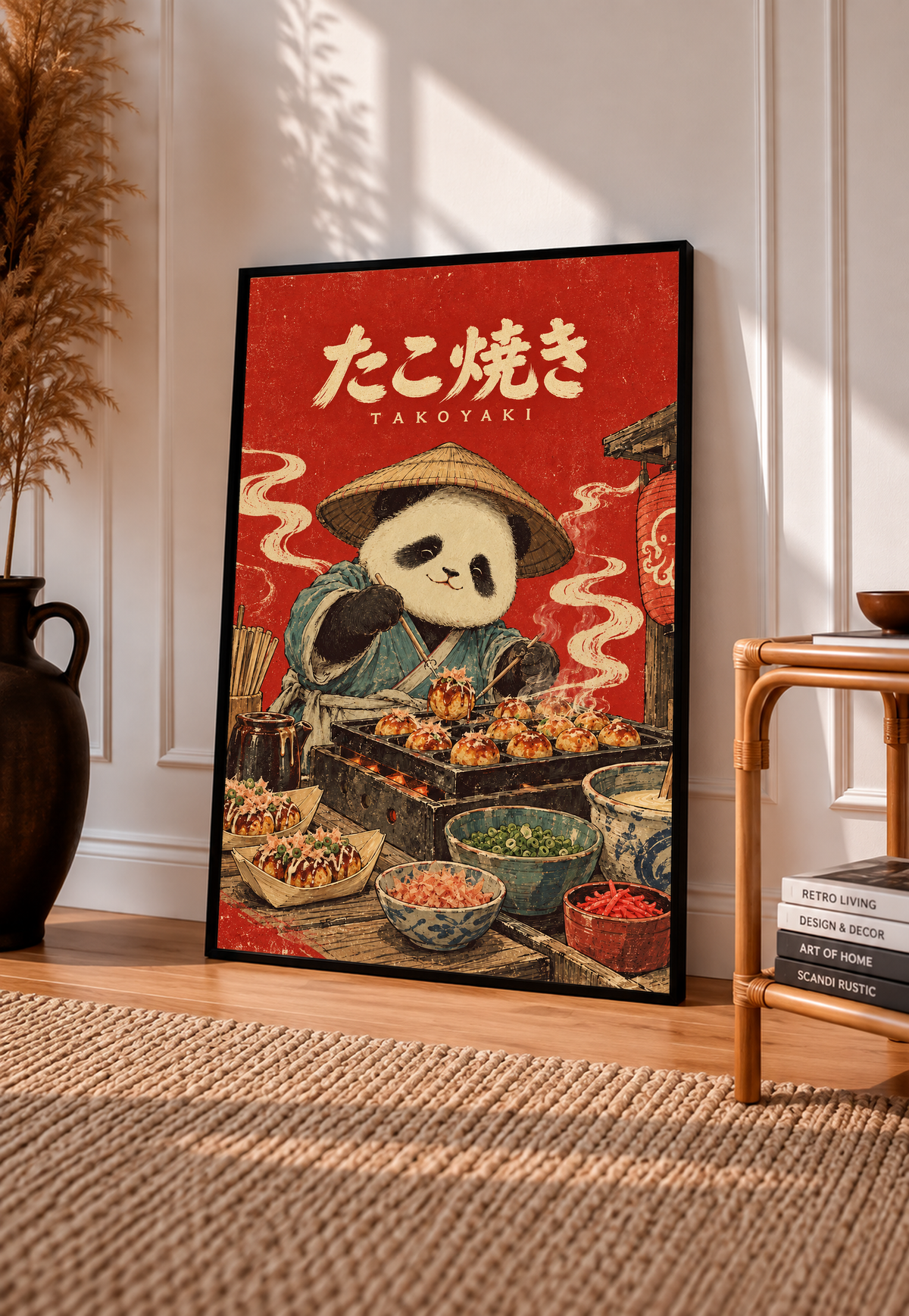 Red panda chef takoyaki poster on floor, framed in black border