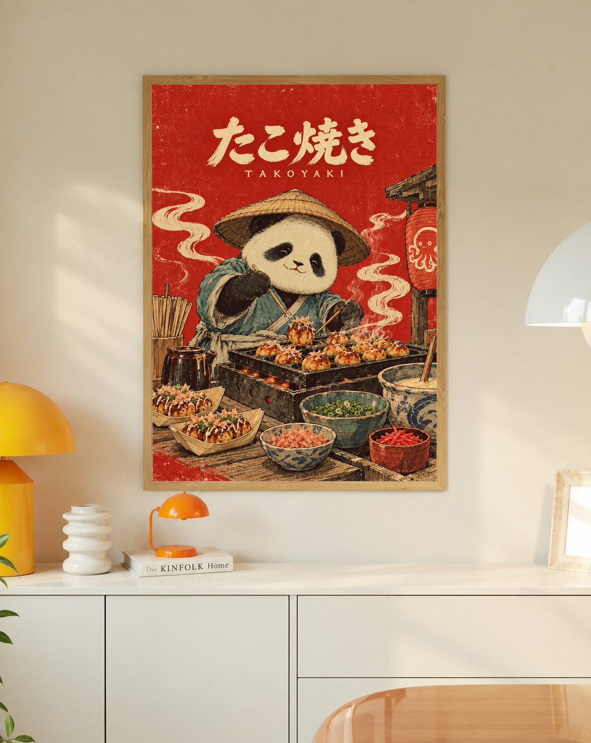 Red panda chef takoyaki poster hanging on wall, framed