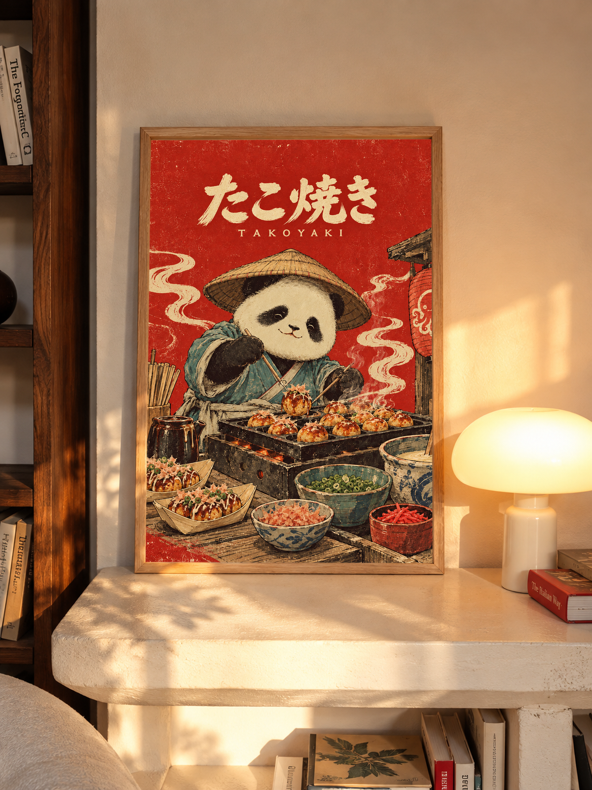 Red panda chef takoyaki poster on white shelf, framed