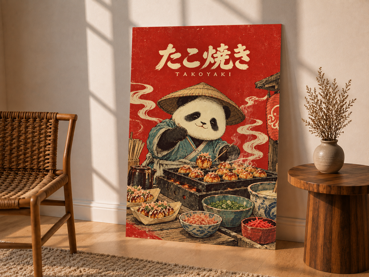 Panda takoyaki chef poster with straw hat and red Japanese street-food scene