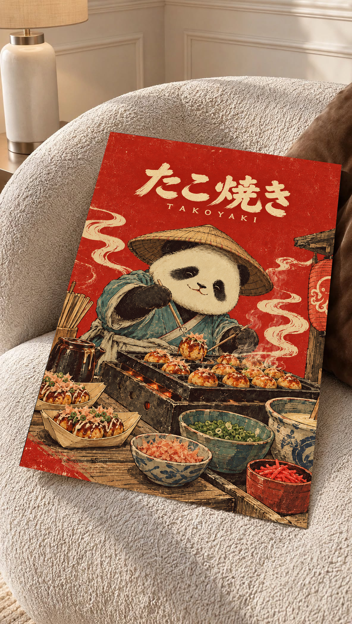 Red panda chef takoyaki poster on light gray chair, framed