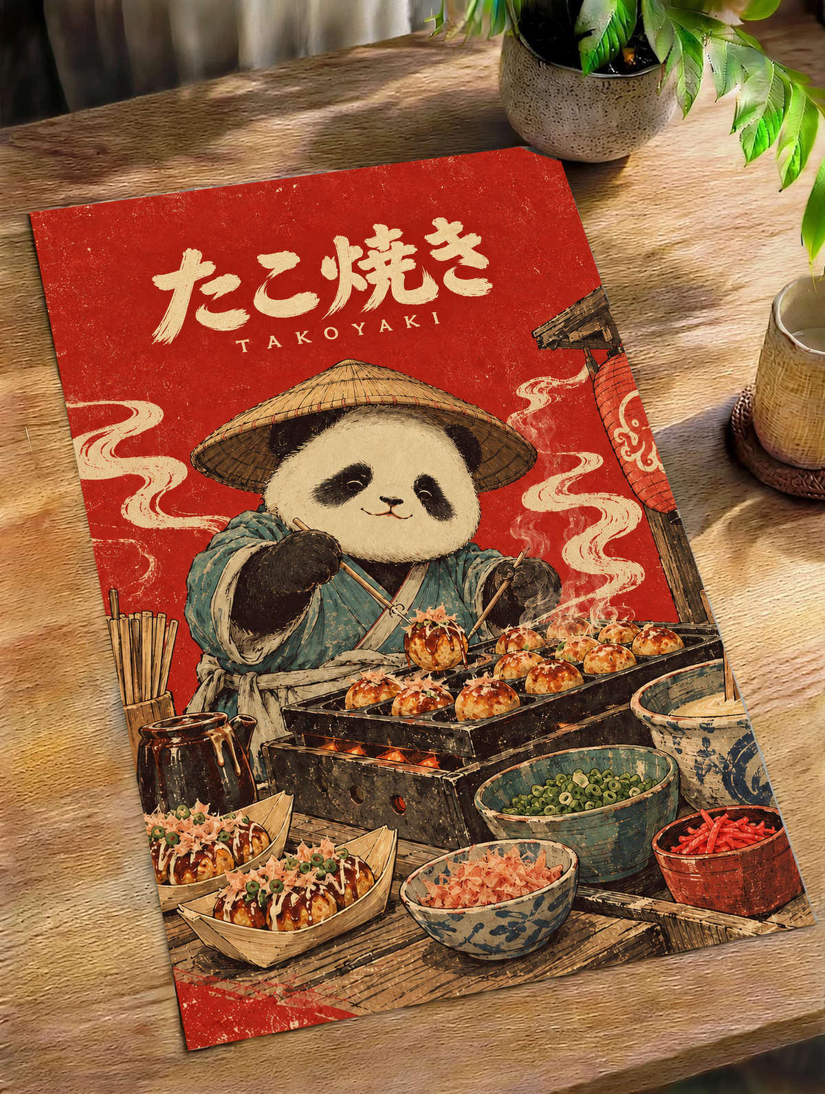 Red panda chef takoyaki poster laid on wooden table, framed