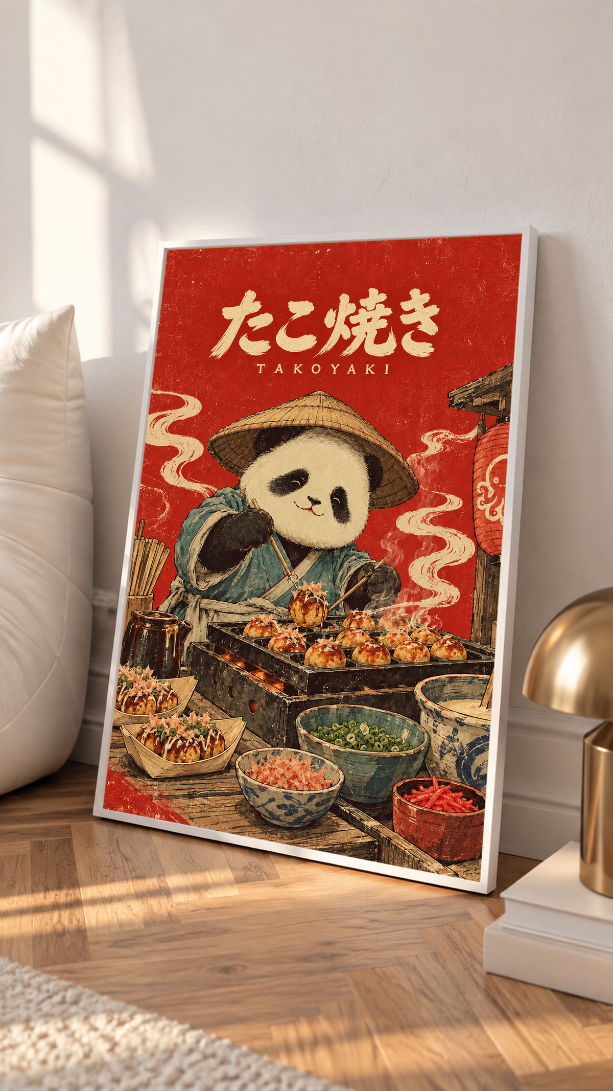 Red framed panda chef takoyaki poster leaning on furniture
