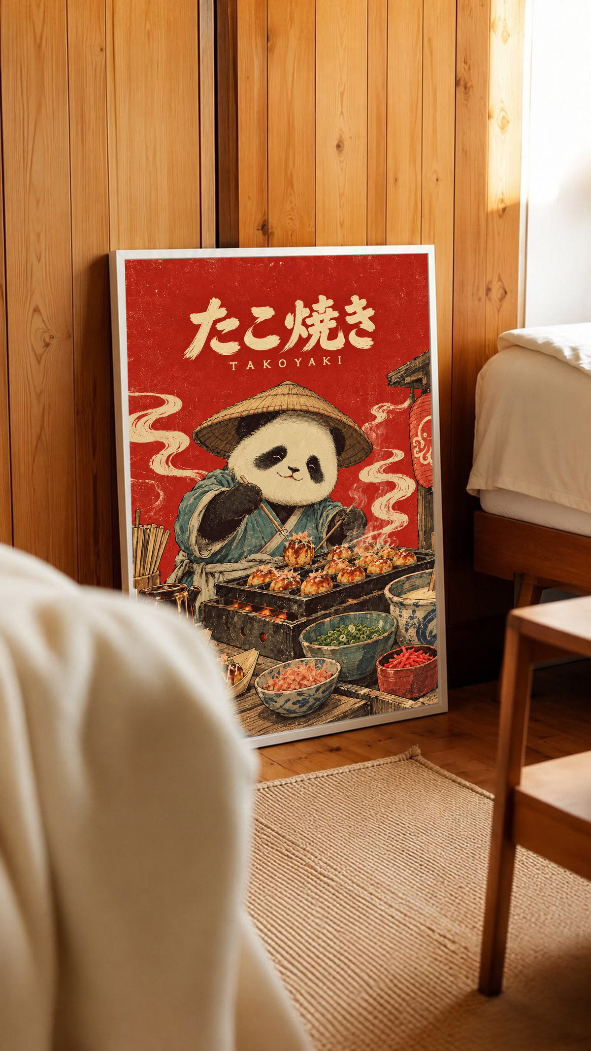 Red framed panda chef takoyaki poster propped against wooden wall