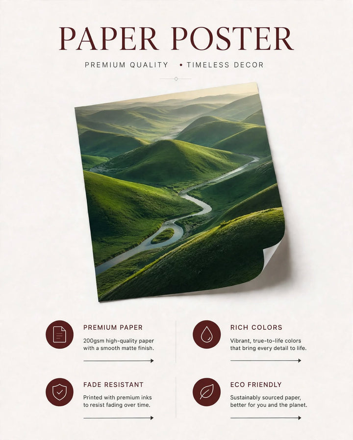 Winding Road Green Hills Art Print shown as botanical inspired landscape decor with vivid green tones
