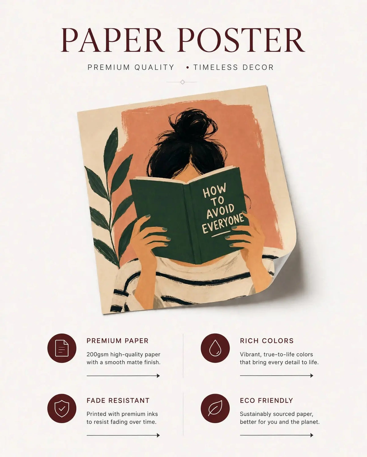 Paper poster featuring a reading figure holding a green book, with premium design info text