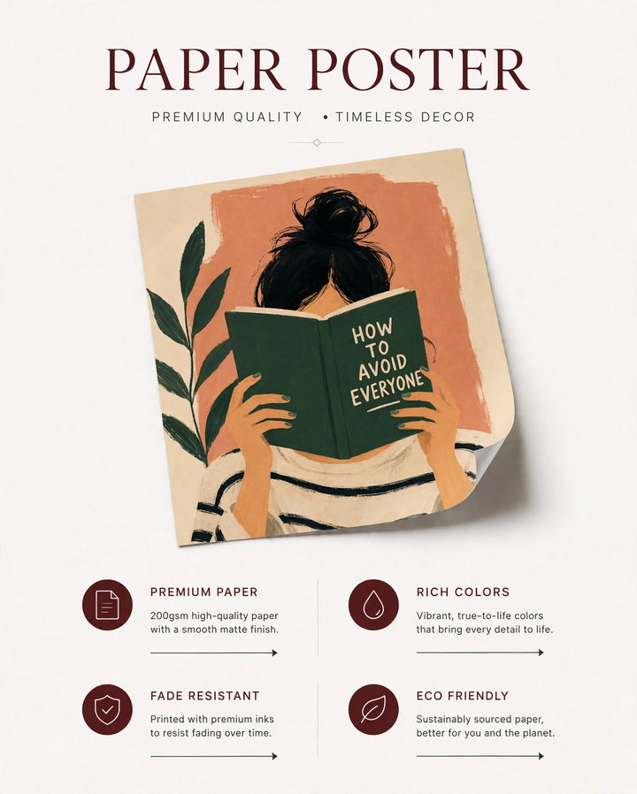Paper poster featuring a reading figure holding a green book, with premium design info text