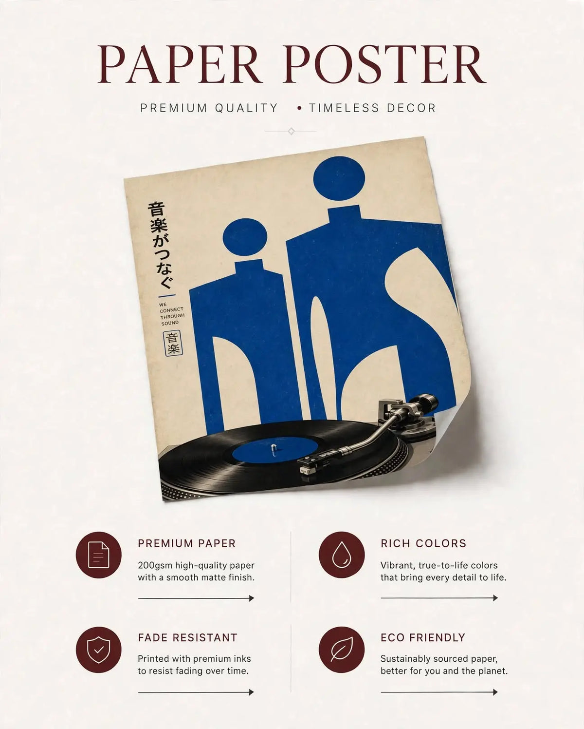 Paper wall art print with blue human silhouettes and a vinyl record graphic
