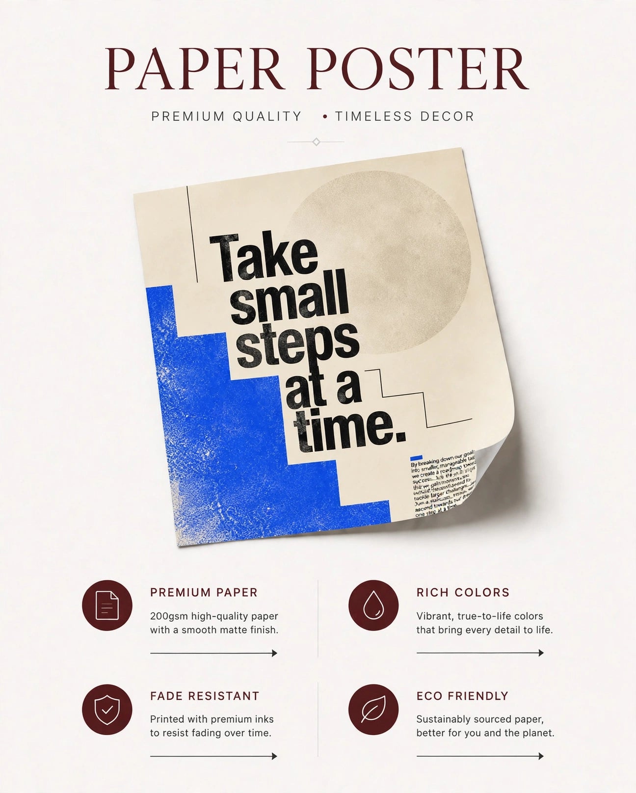 Paper poster wall art with large black quote text and blue-to-beige geometric design.