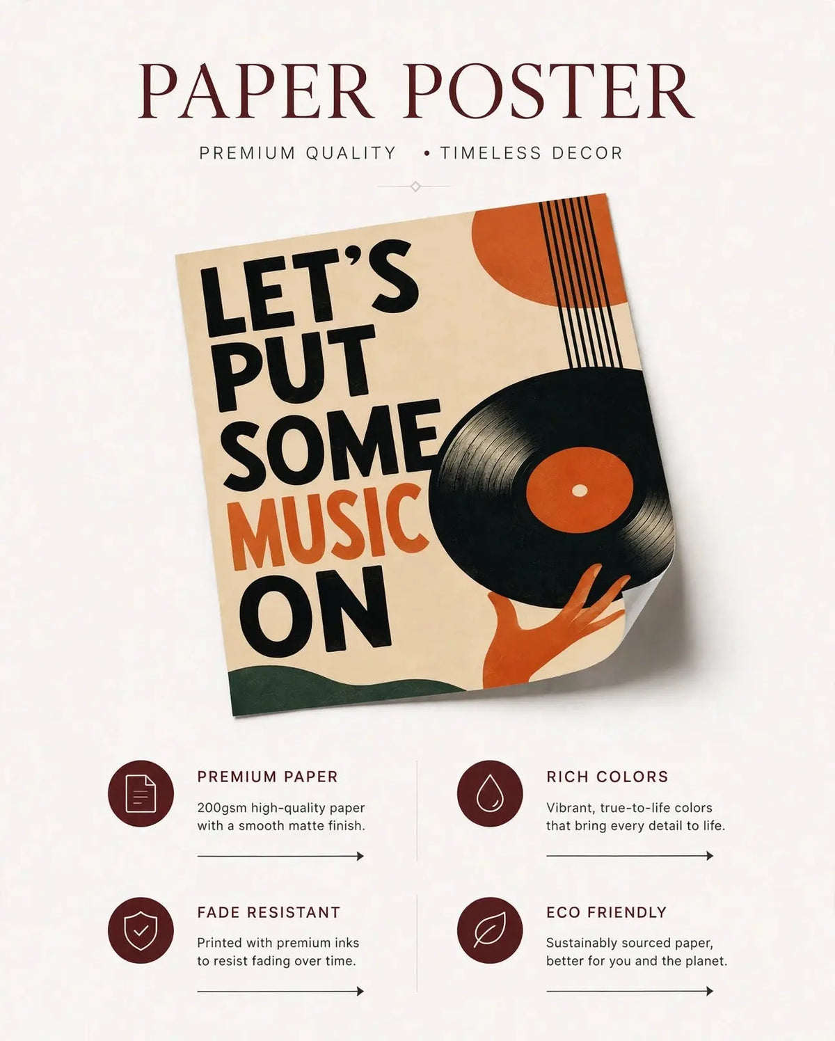Music-themed paper poster with text "LET'S PUT SOME MUSIC ON" and vinyl record graphic