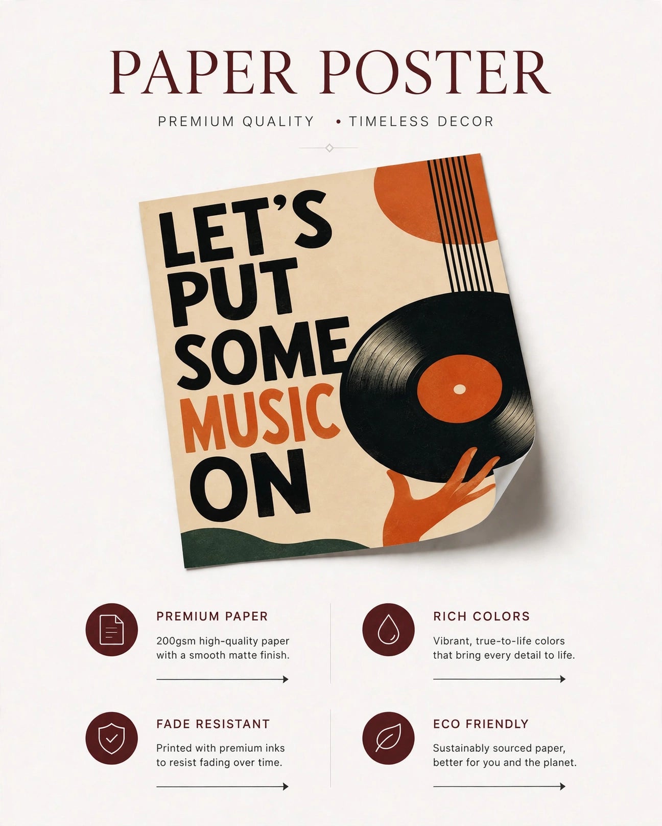 Music-themed paper poster with text "LET'S PUT SOME MUSIC ON" and vinyl record graphic