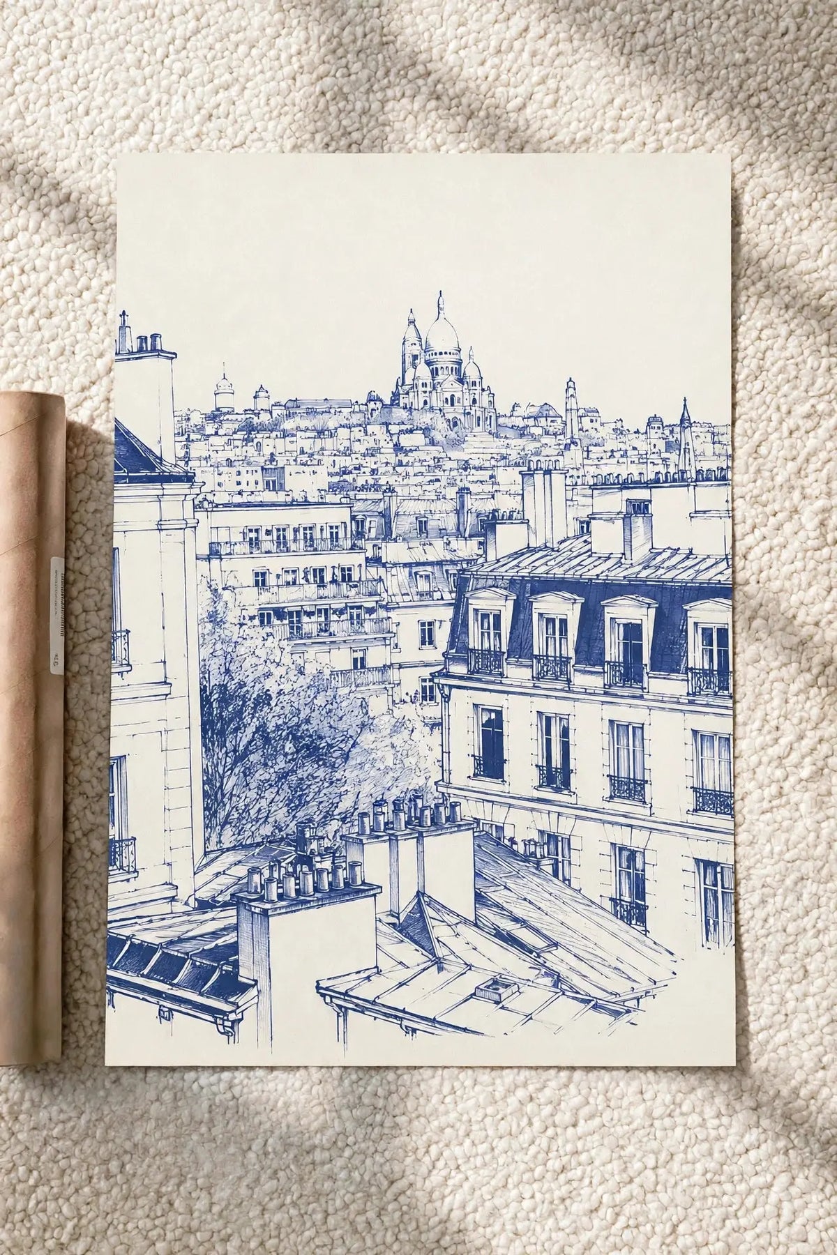 Blue line Paris cityscape wall poster with buildings and rooftops