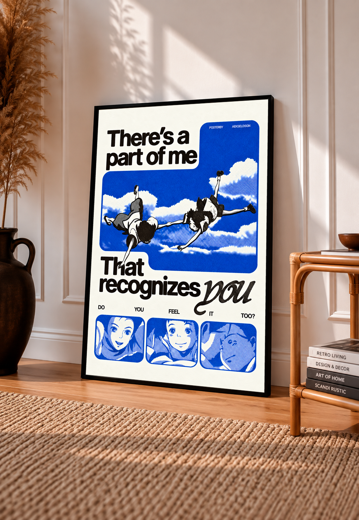 Two anime figures against blue sky with character portraits and a romantic recognition quote in a black frame leaning on a sunlit floor beside a rattan chair