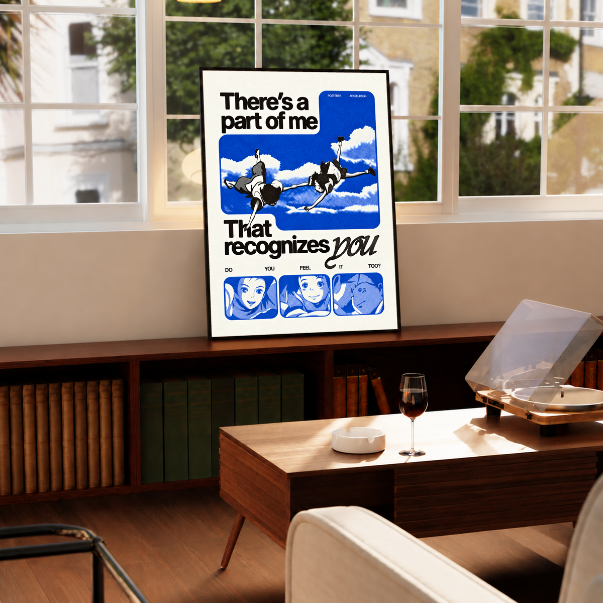 Two anime figures against blue sky with character portraits and a romantic recognition quote in a black frame by a bright window above a record player