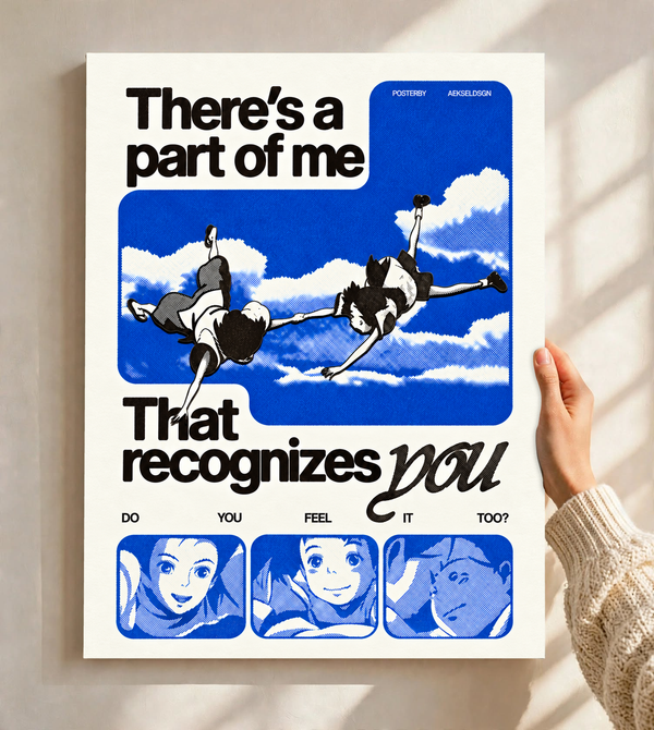 Anime quote poster with blue sky, falling figures, and three blue face panels
