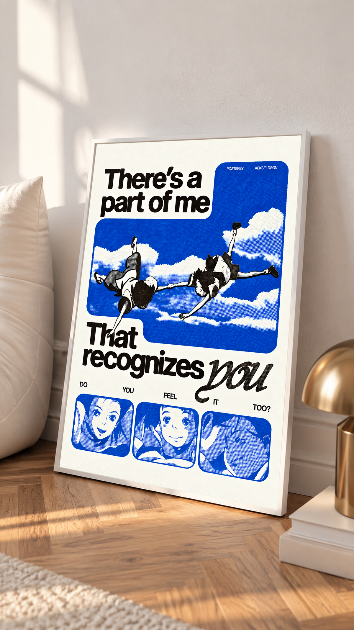 Two anime figures against blue sky with character portraits and a romantic recognition quote in a white frame on a sunlit floor beside a white cabinet