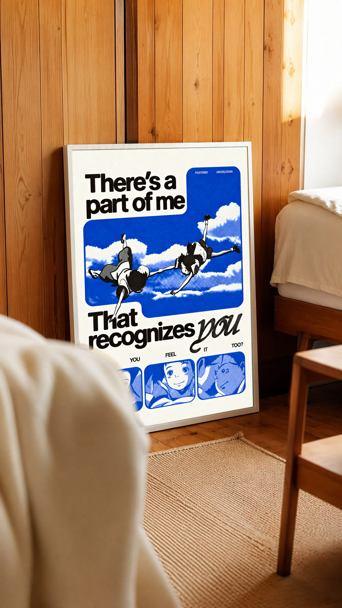 Two anime figures against blue sky with character portraits and a romantic recognition quote in a white frame leaning against warm wooden wall panels