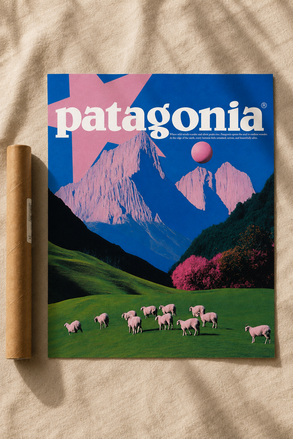 Patagonia poster wall art with pastel mountain landscape and grazing animals, pink sky