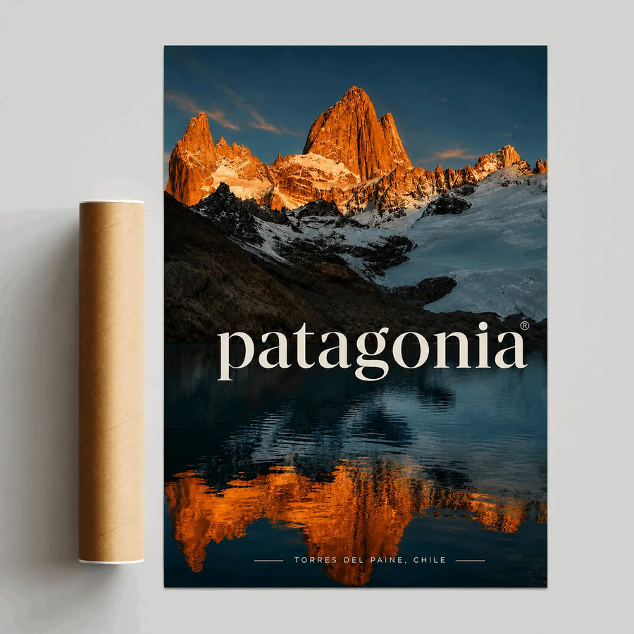 Mountain wall art poster with orange peaks, blue lake reflection, patagonia logo