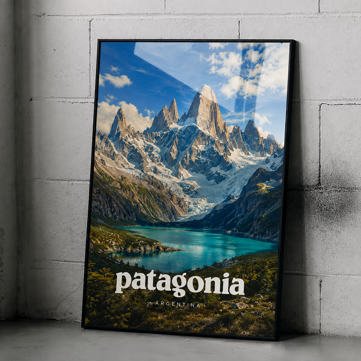 Framed travel poster of Patagonia Argentina mountain lake with 'patagonia' and 'ARGENTINA' text