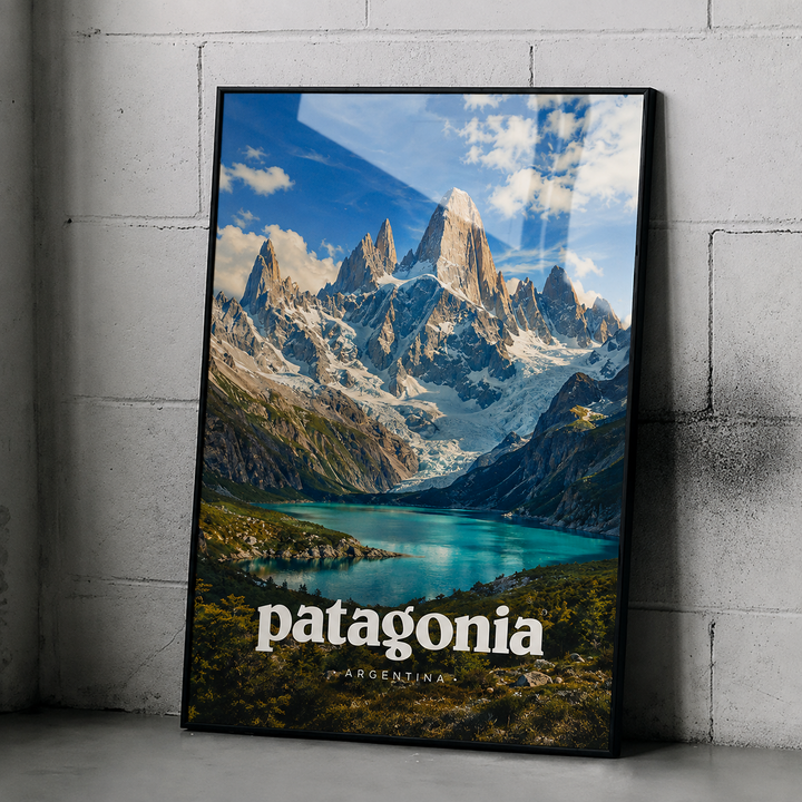 Framed travel poster of Patagonia Argentina mountain lake with 'patagonia' and 'ARGENTINA' text