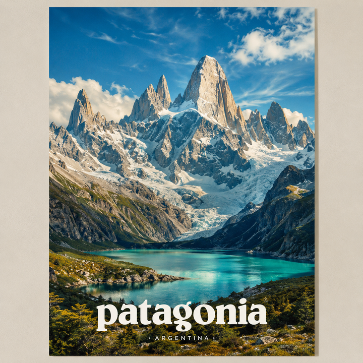 Travel poster featuring Patagonia Argentina mountain lake, 'patagonia' logo and 'ARGENTINA' below