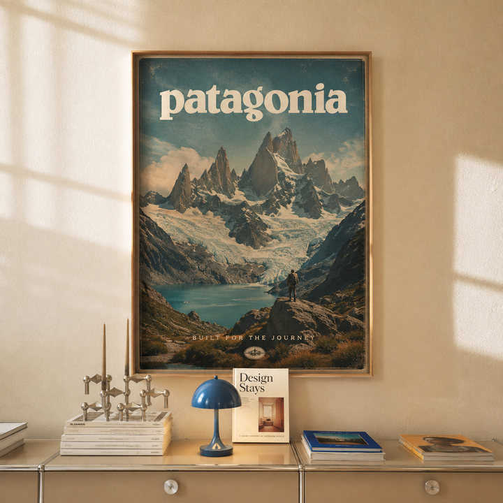 Vintage travel poster with Patagonia text, framed view of mountain peaks and lake