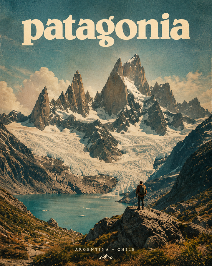 Vintage travel poster close-up, Patagonia heading over snowy mountains and valley