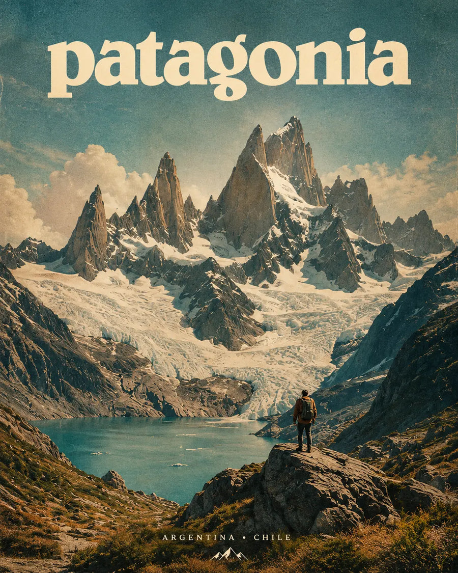 Vintage travel poster close-up, Patagonia heading over snowy mountains and valley