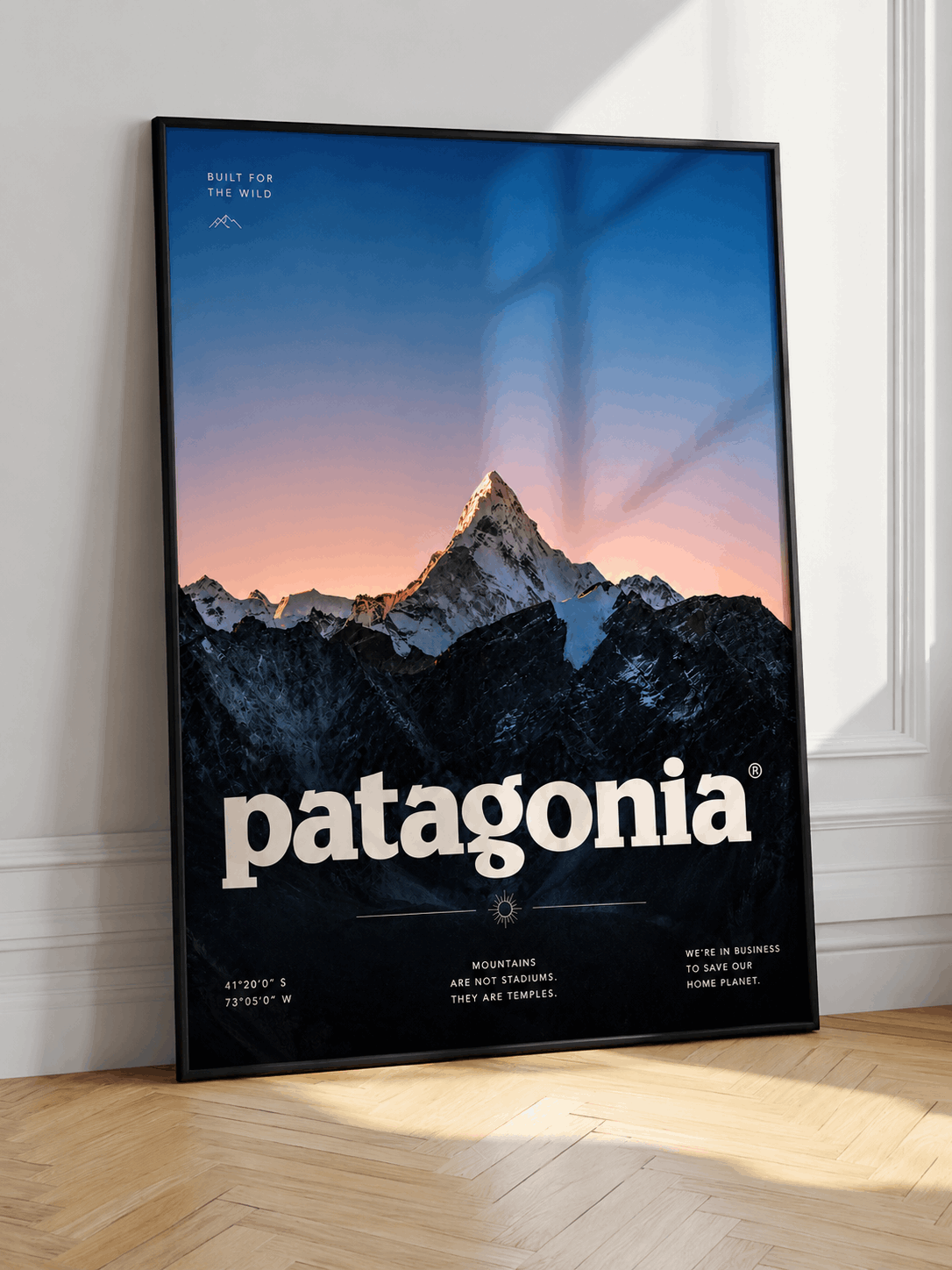 Patagonia mountain sunset wall art poster in black frame, mountain peak at dusk
