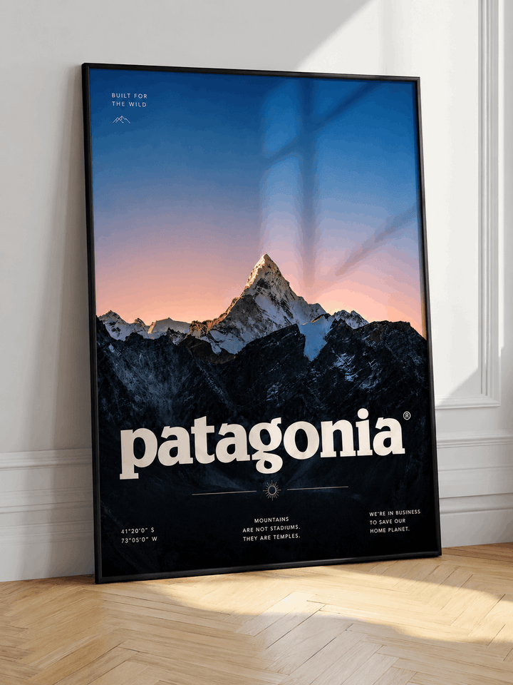 Patagonia mountain sunset wall art poster in black frame, mountain peak at dusk