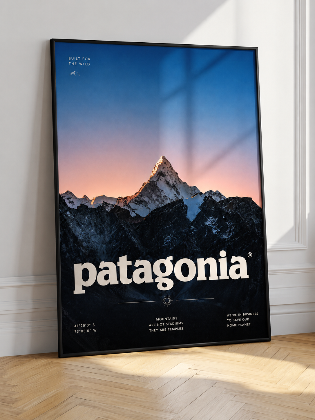 Black-framed Patagonia sunset mountain wall art poster with logo and dusk mountains