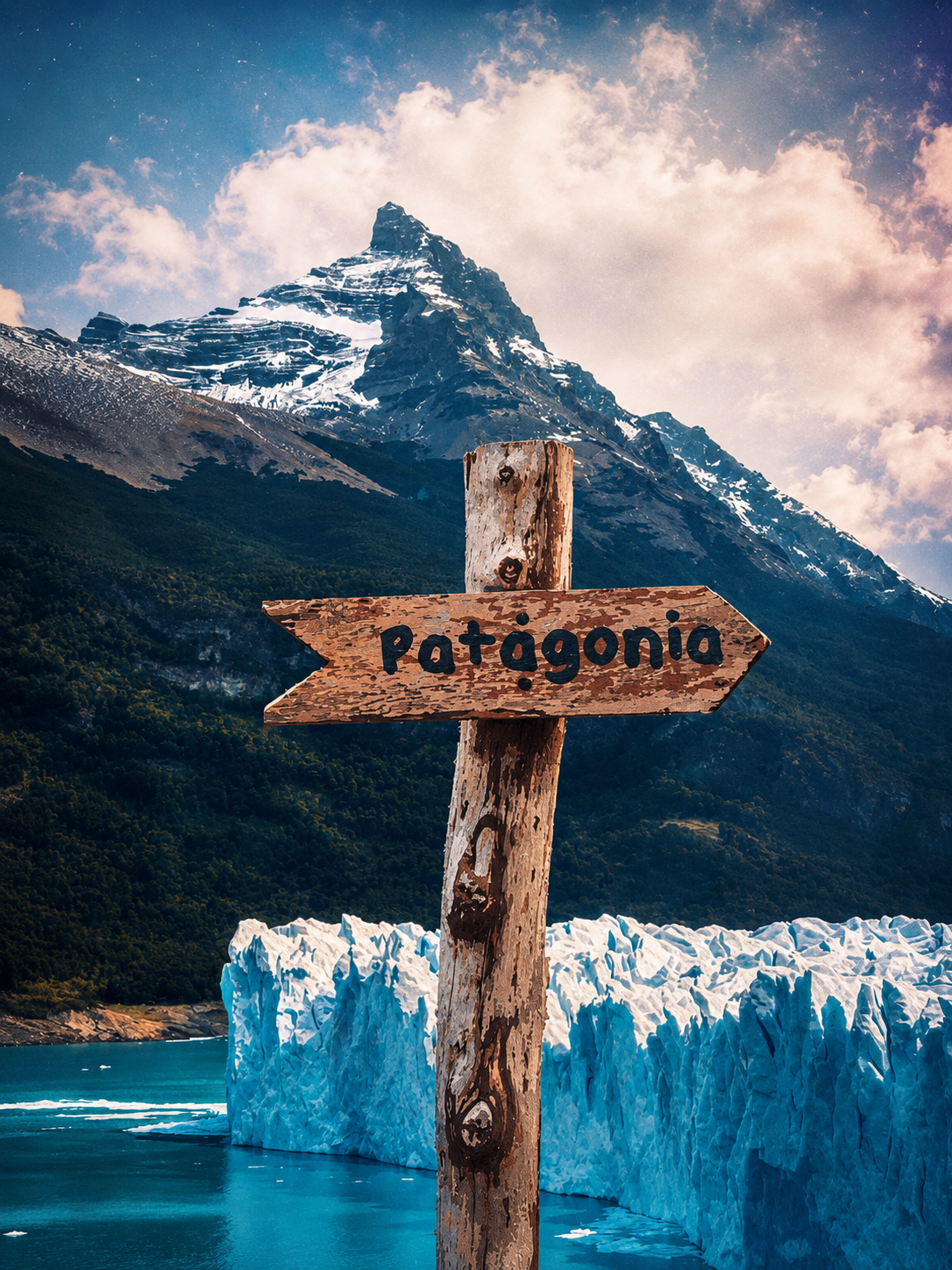 Glacier mountain landscape travel poster with wooden Patagonia trail sign