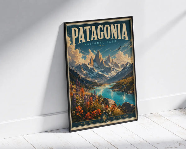 Framed vintage national park travel poster with mountain lake landscape