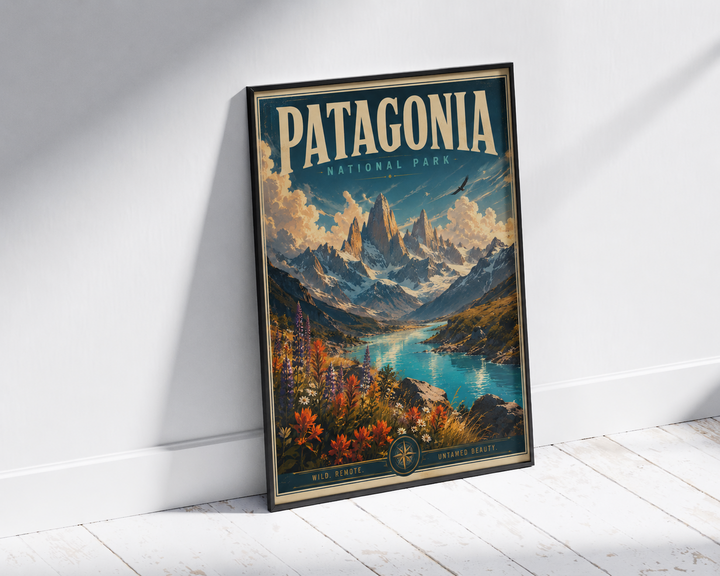 Framed vintage national park travel poster with mountain lake landscape