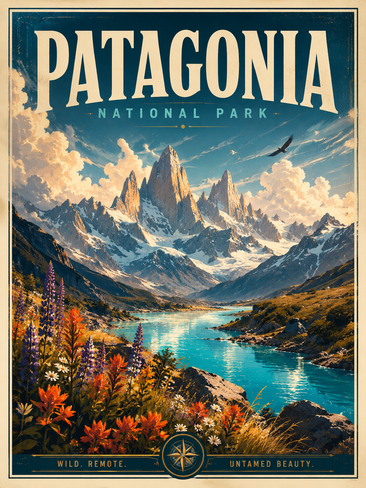 Patagonia national park vintage poster with mountain valley river and flowers