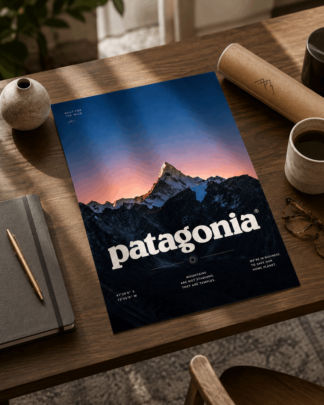 Patagonia mountain sunset wall art poster with Patagonia logo and dark blue mountains