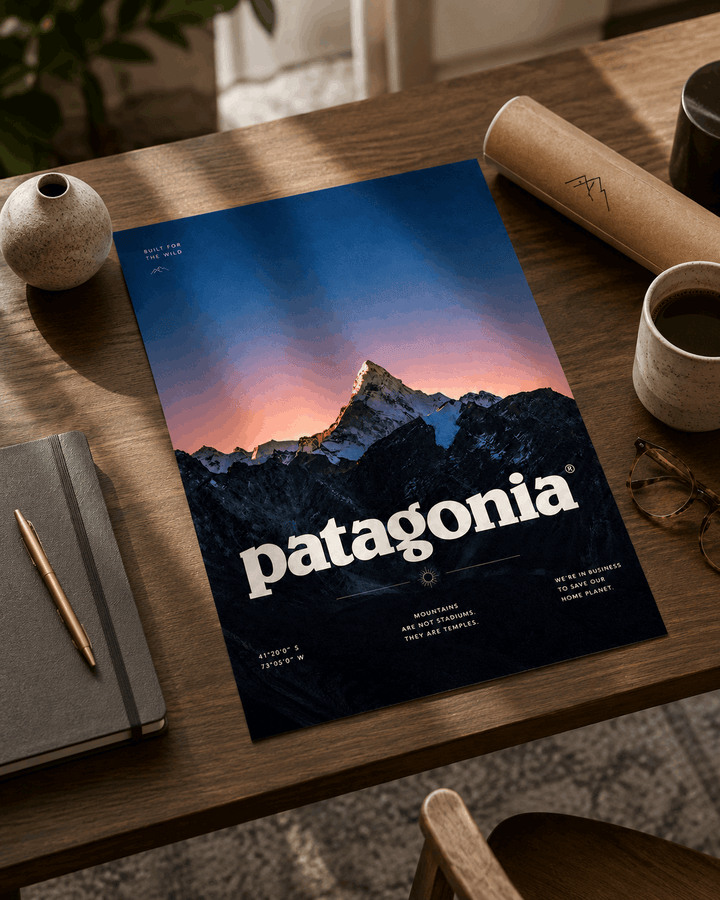 Patagonia mountain sunset wall art poster with Patagonia logo and dark blue mountains