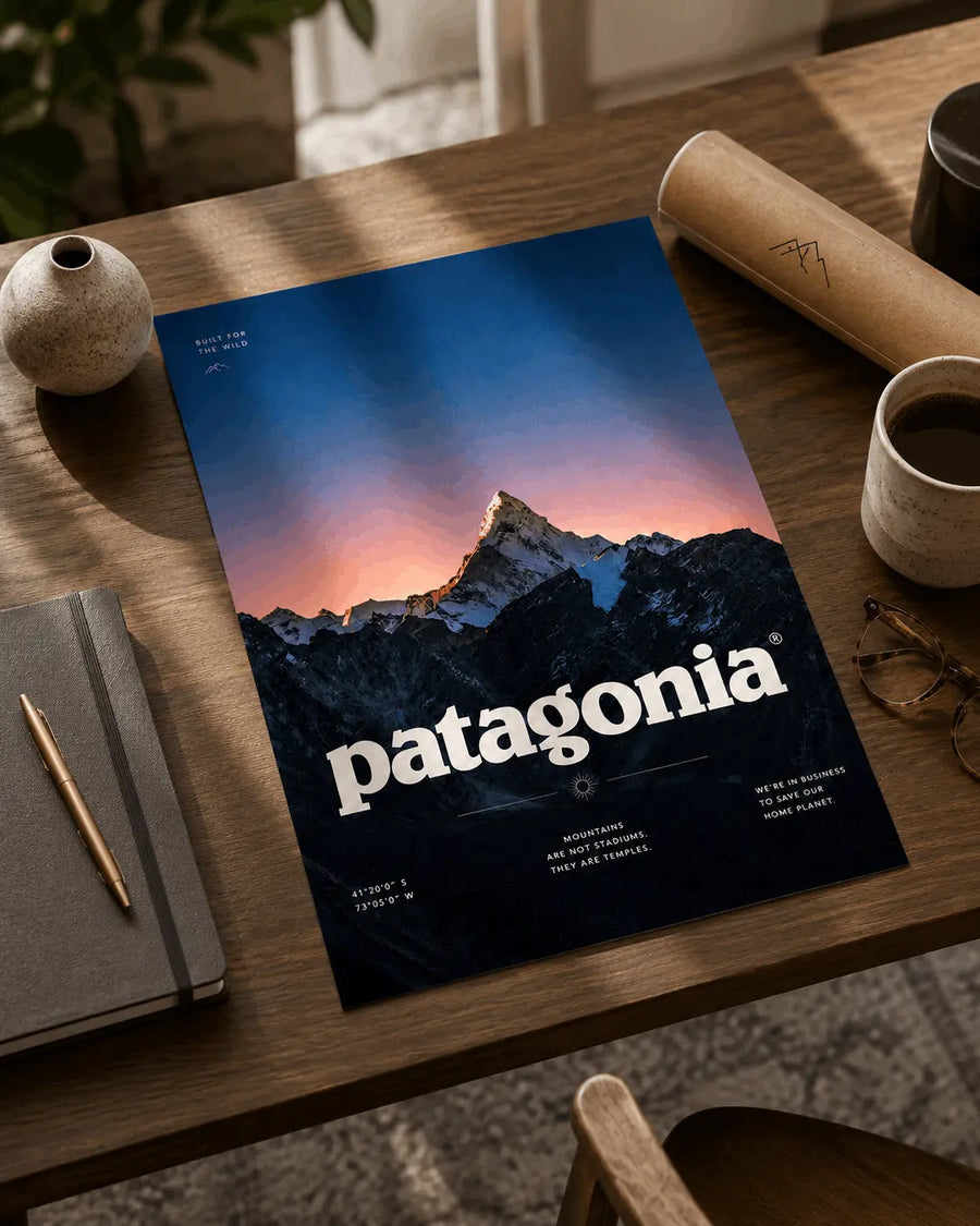 Patagonia mountain sunset wall art poster with Patagonia logo and dark blue mountains