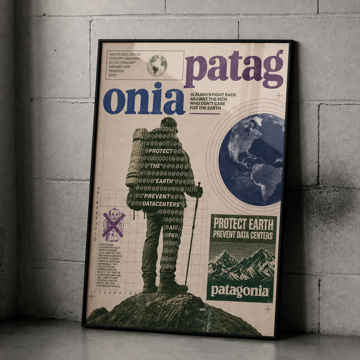 Patagonia Protect Earth eco activism poster in black frame with globe and text