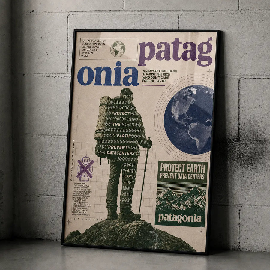 Patagonia Protect Earth eco activism poster in black frame with globe and text