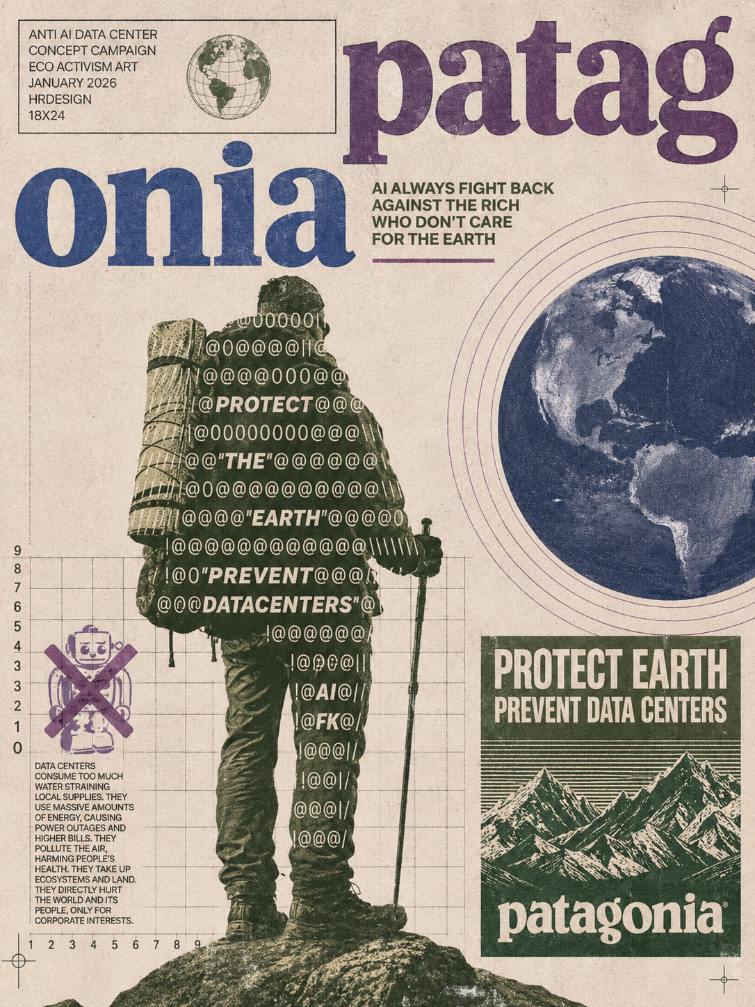 Patagonia Protect Earth eco activism poster with green figure, globe, and Protect Earth text