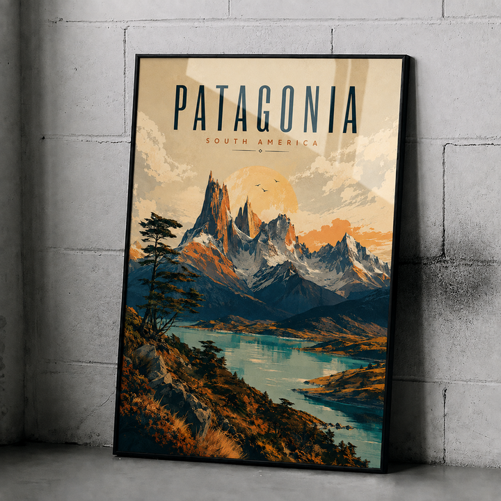 Framed vintage travel poster, Patagonia South America text over mountain and lake scene