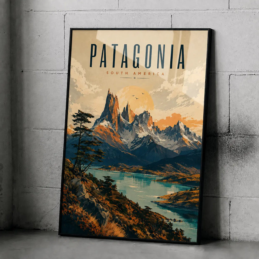 Framed vintage travel poster, Patagonia South America text over mountain and lake scene